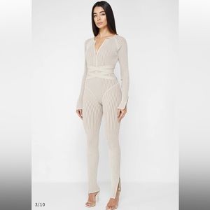 NEW KNITTED TWO TONE JUMPSUIT WITH BELT BEIGE TAUPE TAN CREAM MANIERE DE VOIR